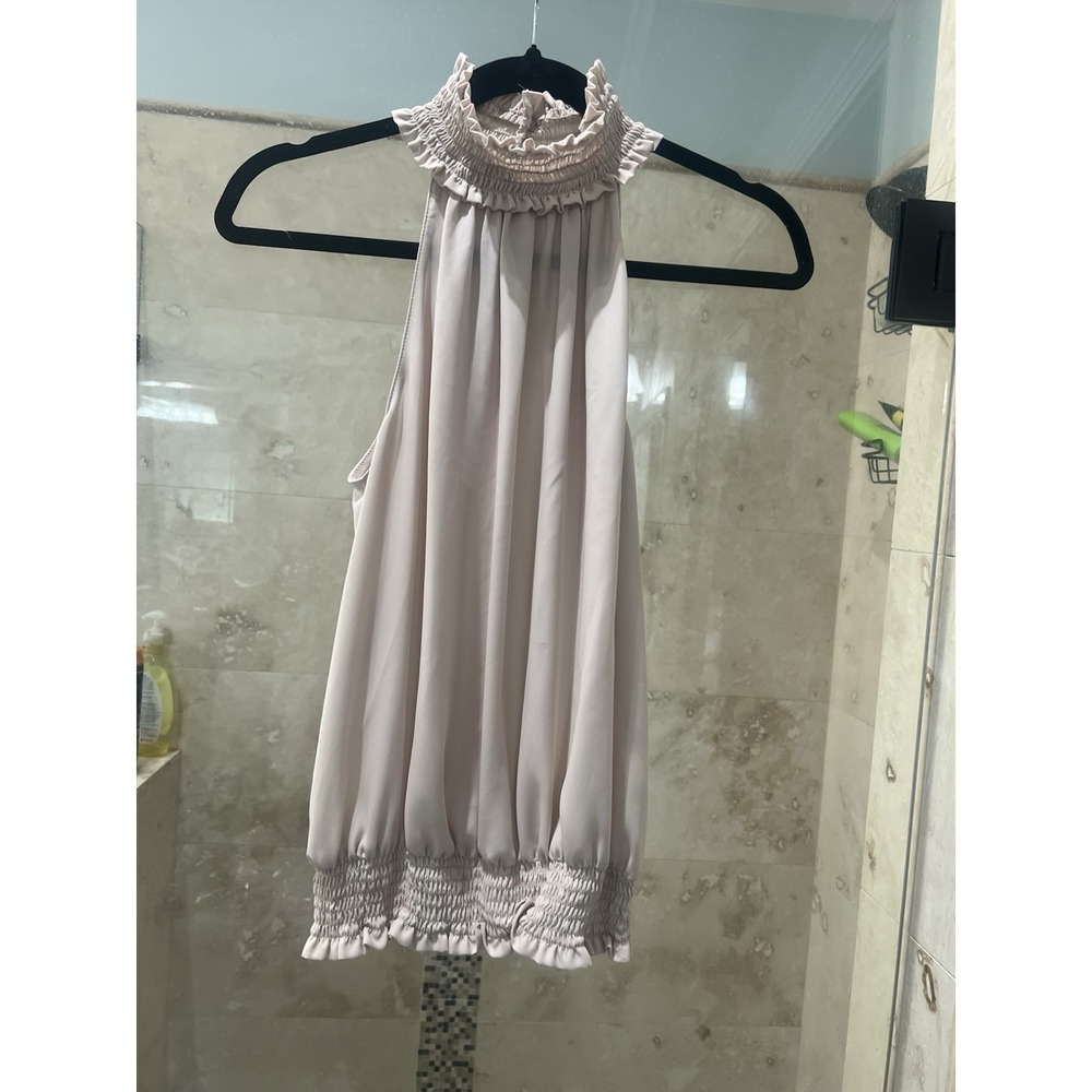 Amanda Uprichard Nude Tan Kimmie Mock Neck Blouse Sleeveless M
